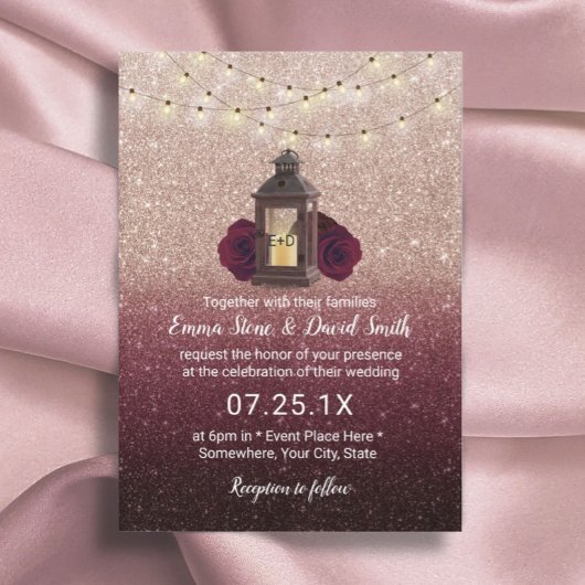 Invitation Lanterne Rustique moderne Bourgogne Rose Mariage o