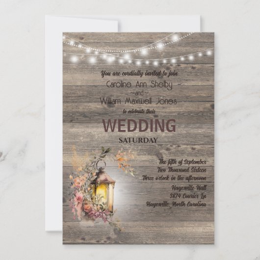 Invitation Lanterne rustique Pays Mariage de grange en bois (Devant)