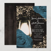 Invitation Lanterne Rustique Teal Vert Bleu Roses Mariage (Devant / Derrière)