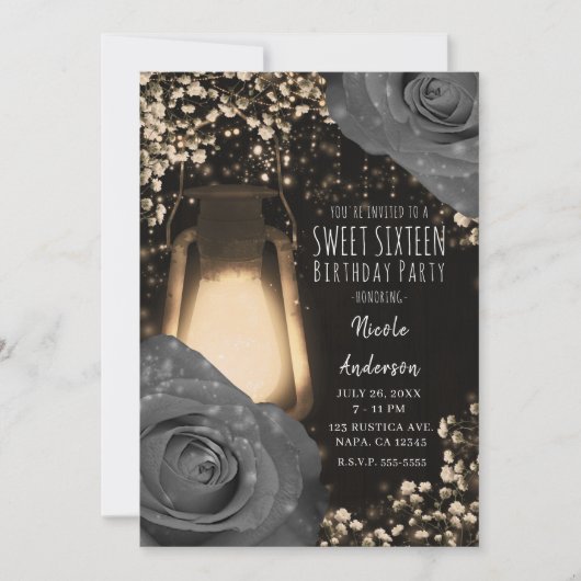 Invitation Lanterne Rustique Teintée Gris Chaud Roses Douces  (Devant)
