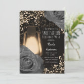 Invitation Lanterne Rustique Teintée Gris Chaud Roses Douces  (Debout devant)