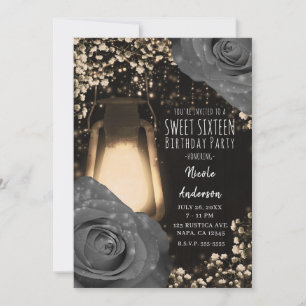 Invitation Lanterne Rustique Teintée Gris Chaud Roses Douces 