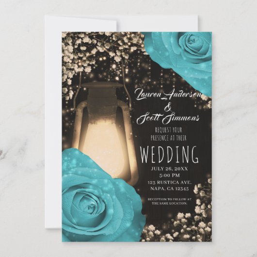 Invitation Lanterne Rustique Turquoise bleu Rose Mariage (Devant)