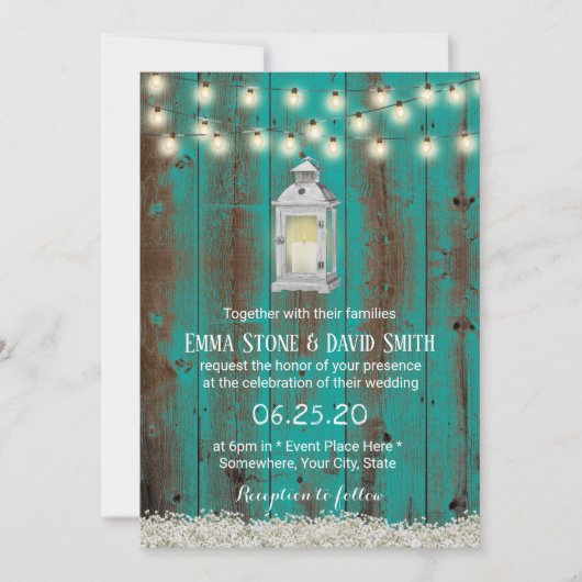 Invitation Lanterne rustique Turquoise Grange Pays Mariage Fl (Devant)