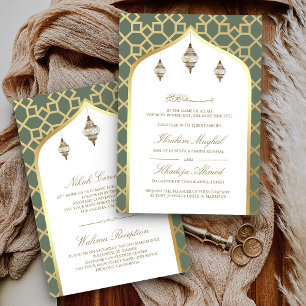 Invitation Lanterne Suspendue Vert Sauge et Or pour Mariage M
