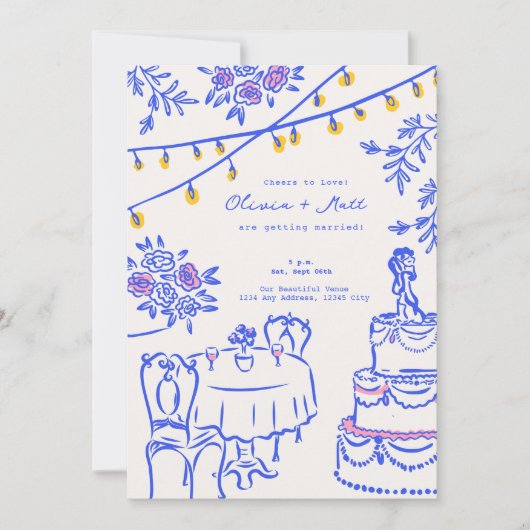 Invitation Lanternes à main blanche Mariage bleu (Devant)