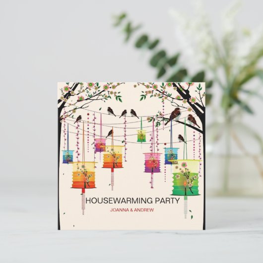 Invitation Lanternes colorées Cerisier Oiseaux chauds (Debout devant)