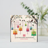 Invitation Lanternes colorées Cerisiers Oiseaux Mariages de p (Debout devant)