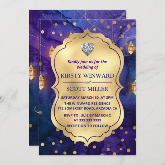 Invitation Lanternes de nuit Mystic Marrakesh & Bokeh Mariage (Devant / Derrière)