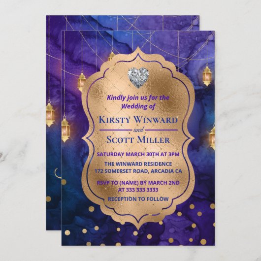 Invitation Lanternes de nuit Mystic Marrakesh & Bokeh Mariage (Devant / Derrière)