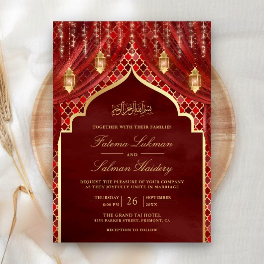 Invitation Lanternes d'or Maroon Rideau rouge Mariage musulma