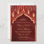 Invitation Lanternes d'or Maroon Rideau rouge Mariage musulma (Devant)