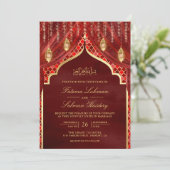 Invitation Lanternes d'or Maroon Rideau rouge Mariage musulma (Debout devant)