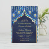Invitation Lanternes d'or Rideau bleu royal Mariage musulman (Debout devant)