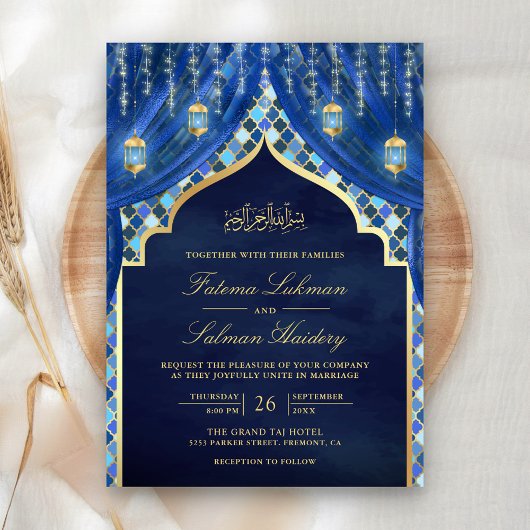 Invitation Lanternes d'or Rideau bleu royal Mariage musulman