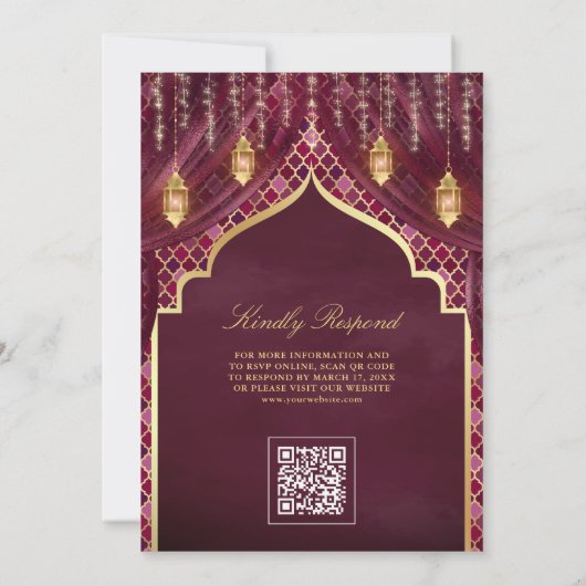Invitation Lanternes d'or rideau de prune Mariage musulman (Dos)