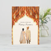 Invitation Lanternes d'or rouille Orange Indien Couple Mariag (Debout devant)