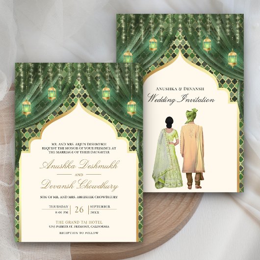 Invitation Lanternes d'or Sage Green Indian Couple Mariage