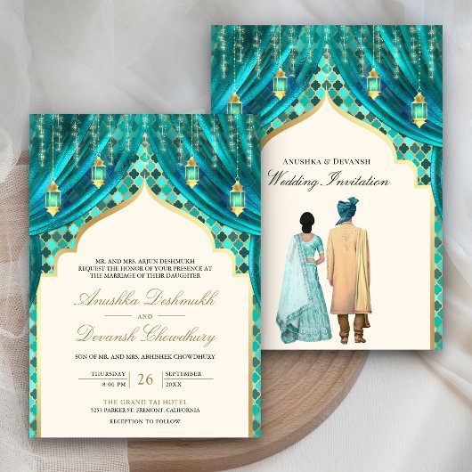 Invitation Lanternes d'or Turquoise Indien Couple Mariage