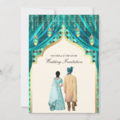 Invitation Lanternes d'or Turquoise Indien Couple Mariage (Devant)