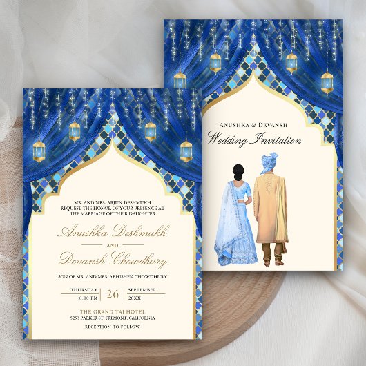 Invitation Lanternes dorées Couple indien Mariage bleu