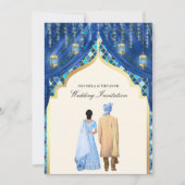 Invitation Lanternes dorées Couple indien Mariage bleu (Devant)