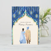 Invitation Lanternes dorées Couple indien Mariage bleu (Debout devant)