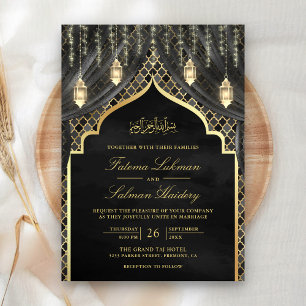 Invitation Lanternes dorées Rideau gris foncé Mariage musulma
