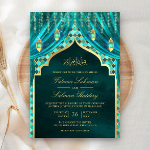 Invitation Lanternes dorées Rideau sarcelle Mariage musulman