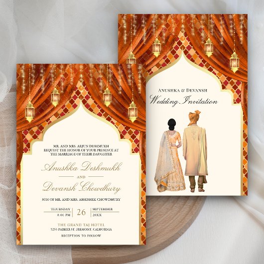Invitation Lanternes dorées Rouille Orange Mariage Couple Ind