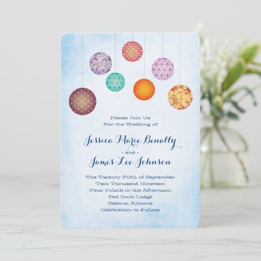 Invitation Lanternes en papier brillant Mariage Cloud bleu (Debout devant)