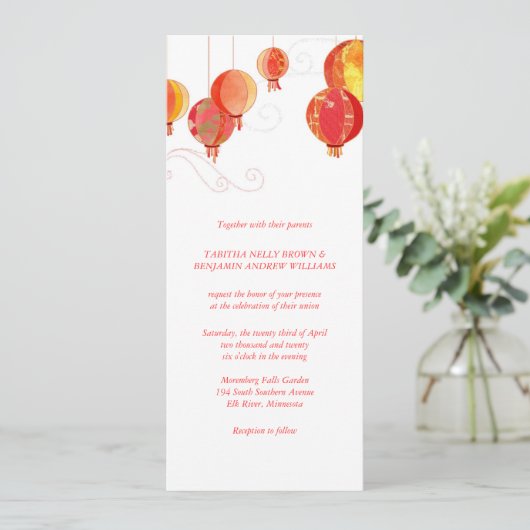 Invitation Lanternes en papier rouge Long Mariage vertical (Debout devant)