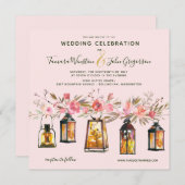 Invitation Lanternes et Mariage Floral Rustique Rose (Devant / Derrière)