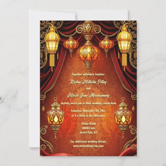 Invitation lanternes indiennes luxueuse orangée (Devant)