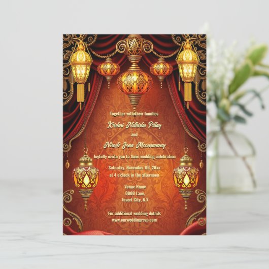 Invitation lanternes indiennes luxueuse orangée (Debout devant)