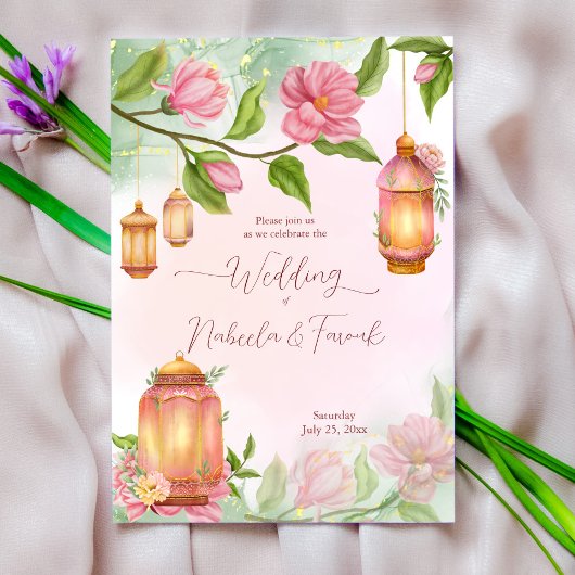 Invitation lanternes marocaines fleurs roses mariage islamiqu