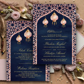 Invitation Lanternes roses bleu marine Rose or musulman Maria