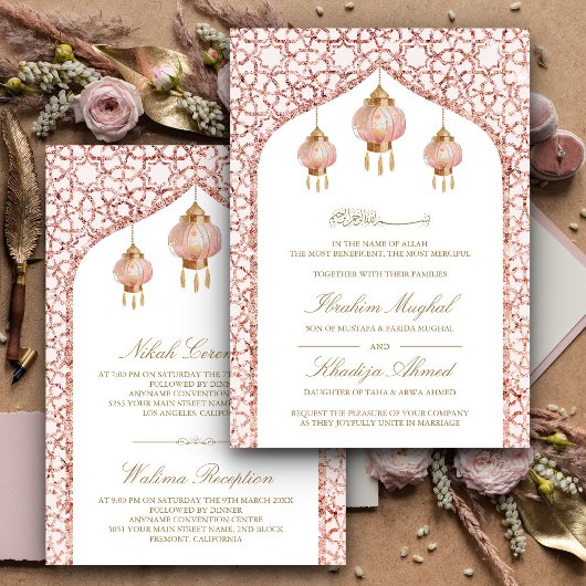 Invitation Lanternes roses rose doré Mariage musulman