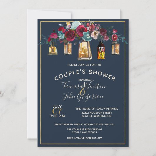 Invitation Lanternes rustiques Burgundy Marine Douche Couple (Devant)