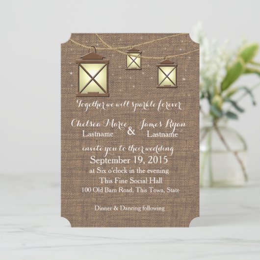 Invitation Lanternes rustiques et Burlap (Debout devant)
