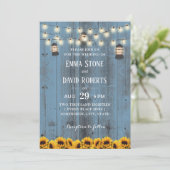 Invitation Lanternes rustiques et tournesols Mariage bleu Dus (Debout devant)