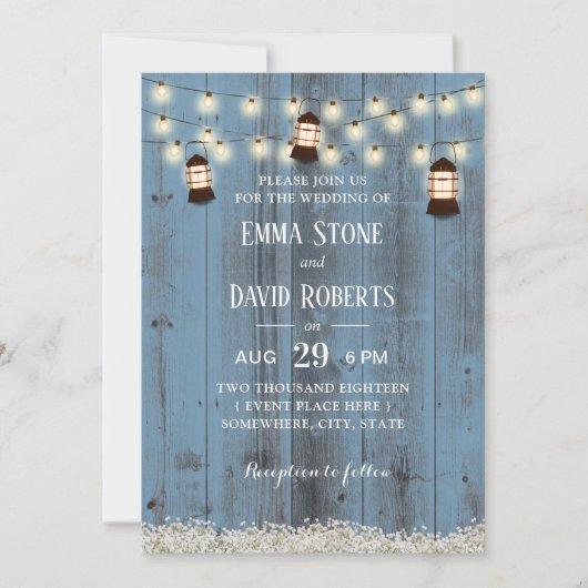 Invitation Lanternes rustiques Pays Floral Dusty Blue Mariage (Devant)