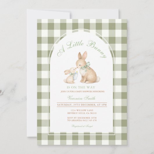 Invitation Lapin à carreaux verts Printemps Baby Shower (Devant)