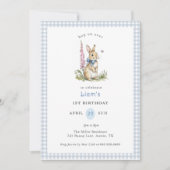 Invitation Lapin à l'aquarelle bleu Gingham garçon 1er Annive (Devant)