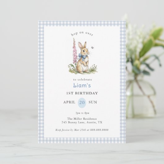 Invitation Lapin à l'aquarelle bleu Gingham garçon 1er Annive (Debout devant)