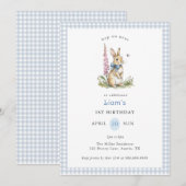 Invitation Lapin à l'aquarelle bleu Gingham garçon 1er Annive (Devant / Derrière)