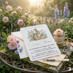 Invitation Lapin à l'aquarelle élégant et jardin de fleurs sa