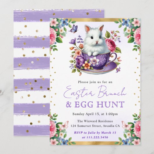 Invitation Lapin à l'aquarelle Fleurs de printemps Brunch de (Devant / Derrière)