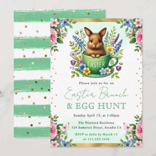 Invitation Lapin à l'aquarelle Fleurs de printemps Brunch de (Devant / Derrière)
