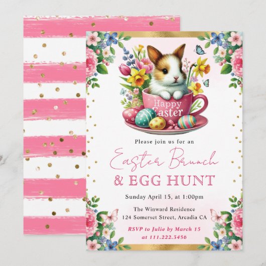 Invitation Lapin à l'aquarelle Fleurs de printemps Brunch de  (Devant / Derrière)